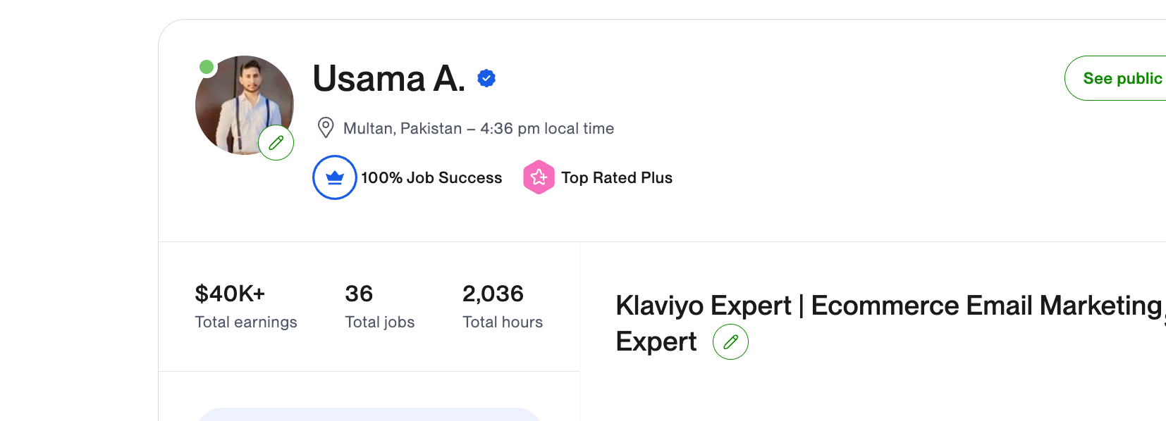 Usama, Top Rated Plus on Upwork, 100% job success, Klaviyo expert